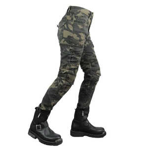 Women's camouflage motorcycle riding jeans with protective knee pads and cargo pockets