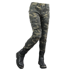 Women's camouflage motorcycle riding jeans with protective armor and black biker boots