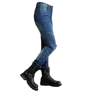 Damen Motorradjeans in Vintage-Blau mit elastischen Falten-Einsätzen und schmaler Passform