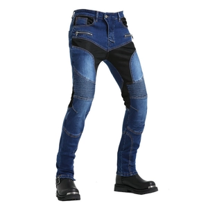 Men's dark blue motorcycle jeans with knee accordion panels and black mesh inserts