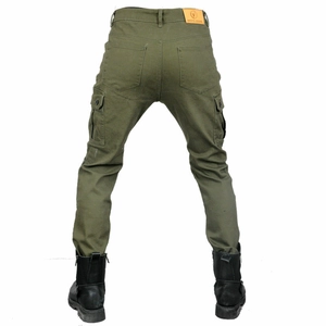 Men's olive green motorcycle cargo pants with multi-pockets and moto jeans back patch