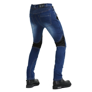 Men's blue wash motorcycle protective jeans with flexible stretch panels and armor