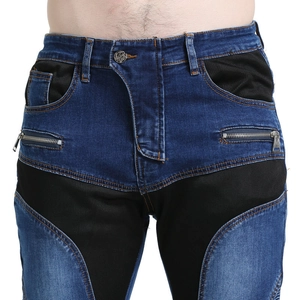 Motorcycle riding jeans with blue denim and black breathable mesh paneling for ventilation