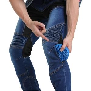 Deep blue motorcycle riding jeans with flexible knee pleats and honeycomb protectors