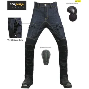 Detail of durable Cordura motorcycle jeans with CE-certified armor and air vents