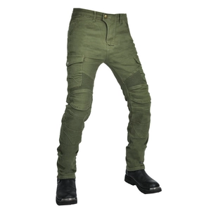 Detail of army green motorcycle pants with protective knee pleats and cargo pockets