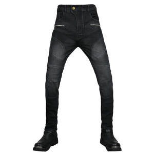 Men's motorcycle riding jeans in dark grey with protective ribbed panels and zip pockets