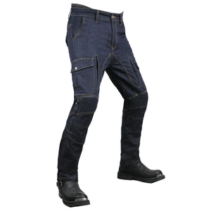 Detail of blue motorcycle jeans featuring cargo pockets and accordion stretch knee panels