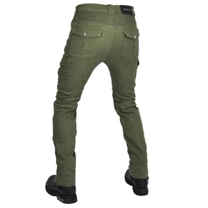 Army green motorcycle riding pants with stretch accordion panels and cargo pockets