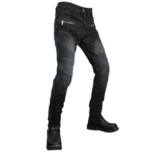 Men's motorcycle riding jeans in charcoal grey with ribbed knee panels and zipper pockets