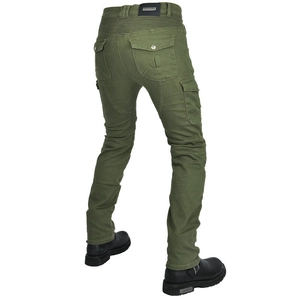 Men's olive green motorcycle pants with stretch panels and tactical side pockets