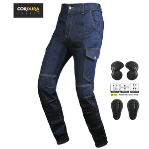 Detail of durable blue motorcycle jeans featuring Cordura fabric and removable knee pads