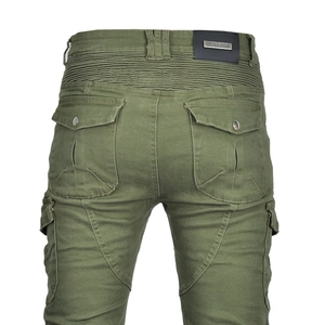 Macro view of motorcycle pants back detailing with leather patch and cargo pockets