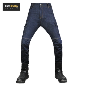 Detail of durable Cordura cargo motorcycle pants with reinforced knee panels and pockets