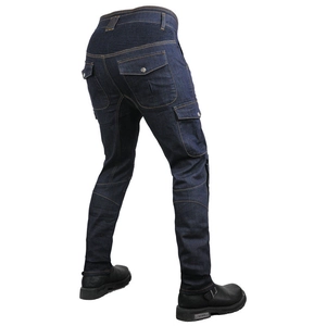 Detail of dark blue motorcycle jeans with accordion stretch panel and cargo pockets