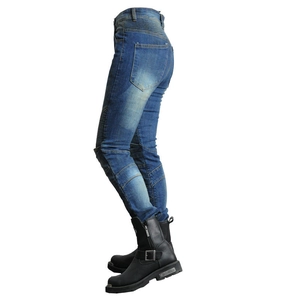 Slim fit blue motorcycle biker jeans for women with protective knee padding and wash finish
