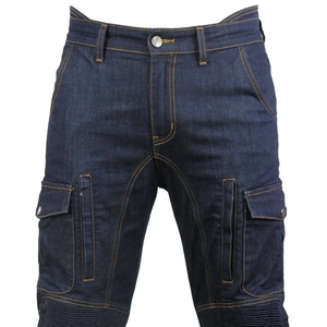 Detailed view of motorcycle riding jeans with protective knee pleats and yellow stitching