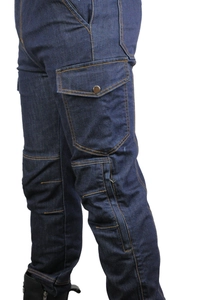 Detail of blue motorcycle denim pants with orange stitching and large cargo pocket
