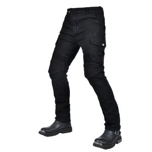 Detail of black motorcycle riding pants with reinforced knee armor and utility pockets