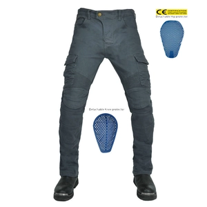 Detail of motorcycle riding jeans featuring honeycomb CE armor and flexible knee panels