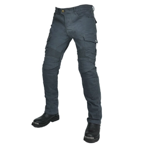 Detail of motorcycle riding jeans with protective knee pads and accordion stretch panels