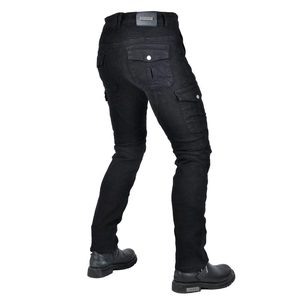 Detailed back view of black motorcycle jeans featuring elastic accordion panels and cargo pockets
