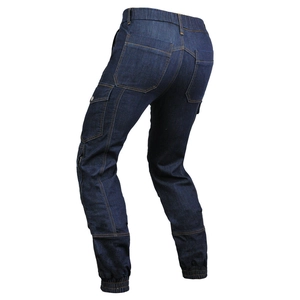 Detail of blue cargo motorcycle jeans showing contrast stitching and side zipper pocket