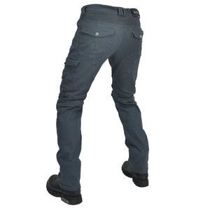 Detail of motorcycle jeans featuring rear accordion stretch panels and functional cargo pockets