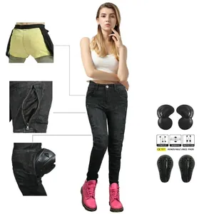 Detail view of motorcycle jeans featuring mesh panels, knee guards, and stretch fabric