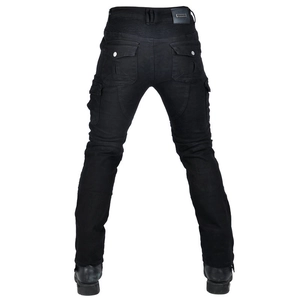 Detail of rear cargo pockets and leather waist patch on black motorcycle pants