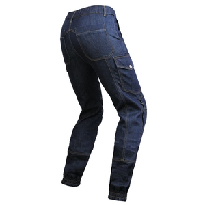 Detail of dark blue motorcycle jeans with reinforced knee pads and cargo pockets
