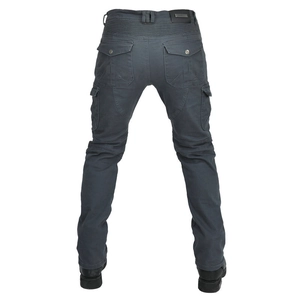 Rear view of dark grey motorcycle riding jeans featuring flexible accordion panels and side pockets