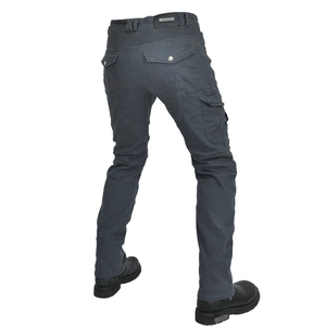 Detail of dark grey motorcycle riding jeans with cargo pockets and stretch panels