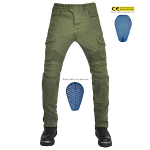 Army green motorcycle jeans featuring removable blue CE certified protective knee pads