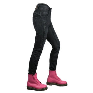 Detail of slim-fit motorcycle jeans featuring knee stretch panels and side zipper pockets