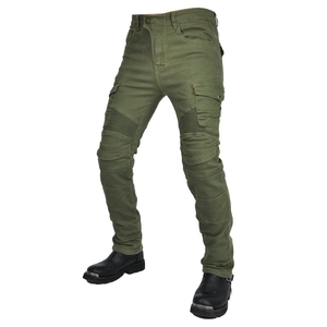 Detail of military green motorcycle pants with cargo pockets and flexible knee accordion panels