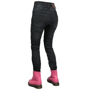 Rear view of women's motorcycle jeans with flexible accordion stretch panels and knee pleats