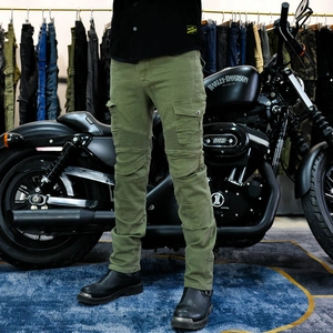Men's olive green motorcycle cargo pants featuring pleated knees and large side pockets