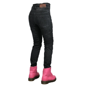 Detail showing back waist elastic pleats and logo patch on motorcycle riding jeans