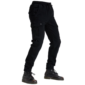 Men's black cargo motorcycle pants with elastic waist, large pockets, and ribbed cuffs