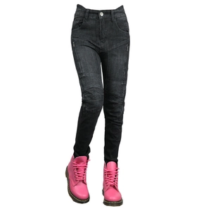 Close-up of mesh motorcycle jeans with knee pads and protective denim fabric design