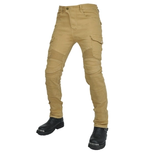 Close-up of khaki motorcycle pants with side cargo pockets and knee stretch panels