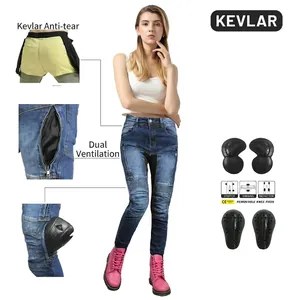 Detail view of motorcycle jeans with Kevlar lining, CE armor pads and zipper air vents