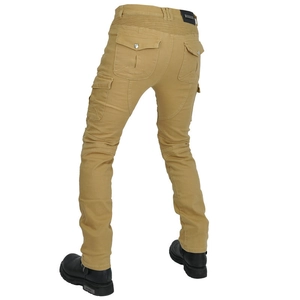 Rear view of khaki motorcycle riding jeans with accordion stretch panels and utility pockets