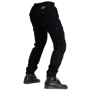 Men's black motorcycle cargo pants with elastic cuffs and multi-pocket functional design