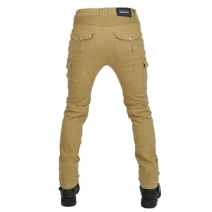 Rear view of khaki motorcycle riding pants with elastic pleated panels and utility pockets