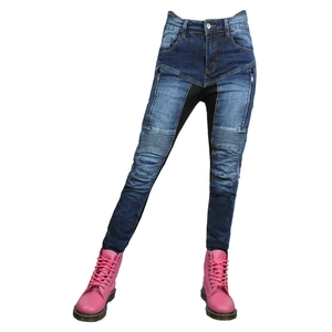 Detail view of motorcycle jeans featuring ribbed knee panels and side zipper pockets