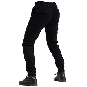 Men's black cargo motorcycle pants with elastic drawstring waist and multi-pocket design