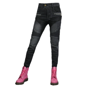 Détails du jean de moto pour femmes avec panneaux plissés élastiques et poches zippées