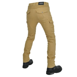 Detail view of khaki motorcycle jeans featuring elastic waist pleats and reinforced seams